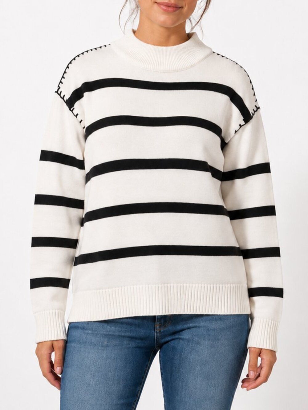 Tahari Womens XL Ivory Black Striped Mock Neck Sweater Whipstitch Knit